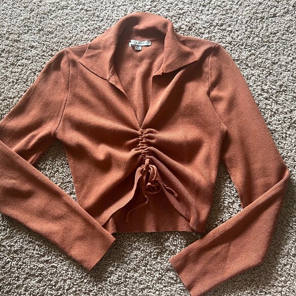 Haute Monde Rust Orange Long Sleeve Collared Top with Cinched Front Size M - Picture 1 of 8